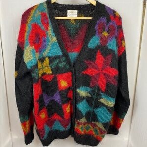 Susan Bristol Vintage Mohair Sweater Cardigan 1992 Colorful Quilt Pattern